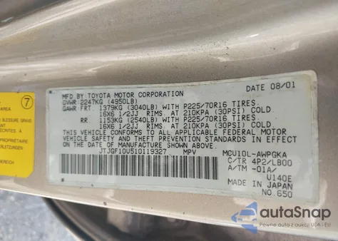 2001 Lexus Rx 300 from USA, damaged, VIN JTJGF10U510119327